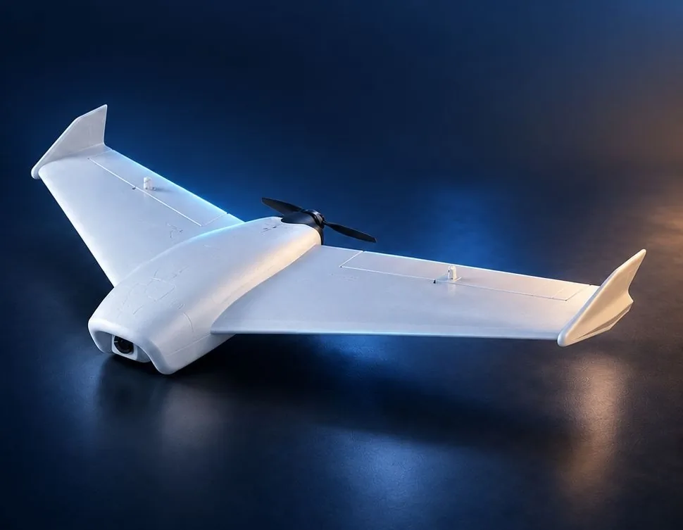 The SAAV flying-wing airframe with its pusher propeller and nose camera
