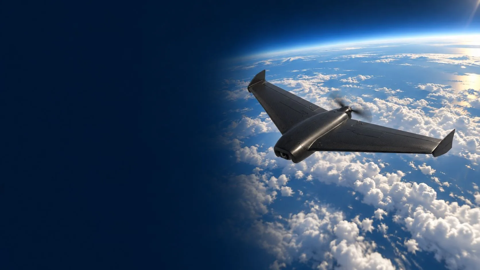 The SAAV aircraft flying above the clouds with the curve of the Earth behind it